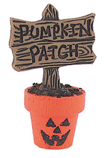Dollhouse Miniature Halloween Flower Pot W/Pumpkin Patch Sig
